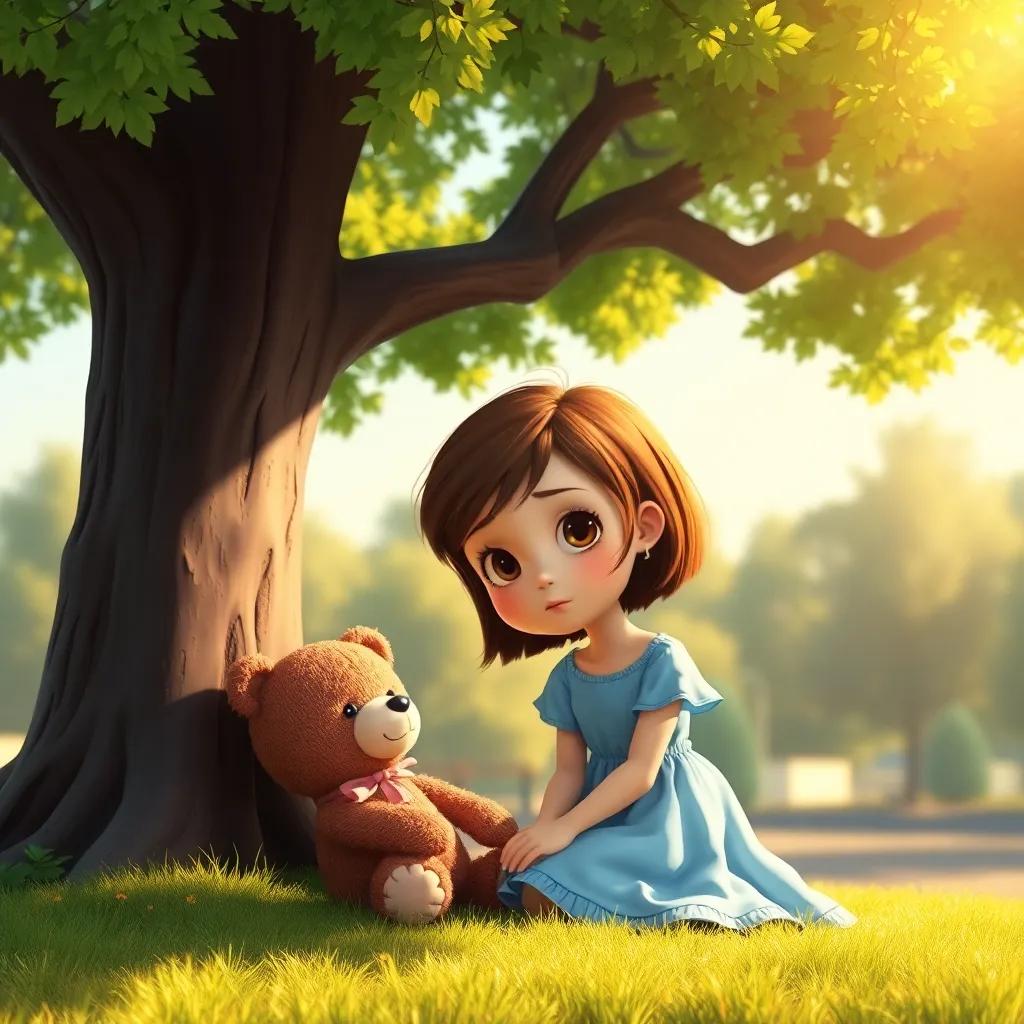 A shy little girl, Clara, with short brown hair, wearing a light blue dress, sitting under a big tree in a sunny park, a stuffed bear beside her, digital art, warm colors, peaceful atmosphere, high quality