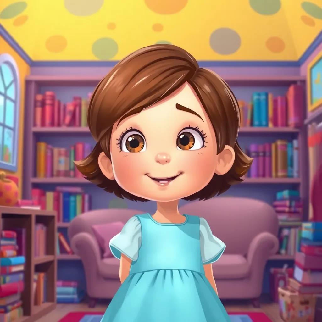 Clara, a little girl with a light blue dress and short brown hair, imagining her dream room filled with books and colorful walls, a smile on her face, illustration, vibrant colors, dreamlike, child-friendly