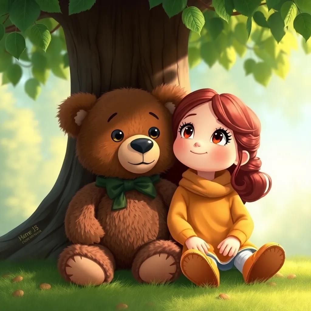 A cute stuffed bear, Teddy, with brown fur and sewn eyes, sitting with Clara under the tree, both looking at the sky, symbolizing friendship, digital painting, soft light, heartwarming