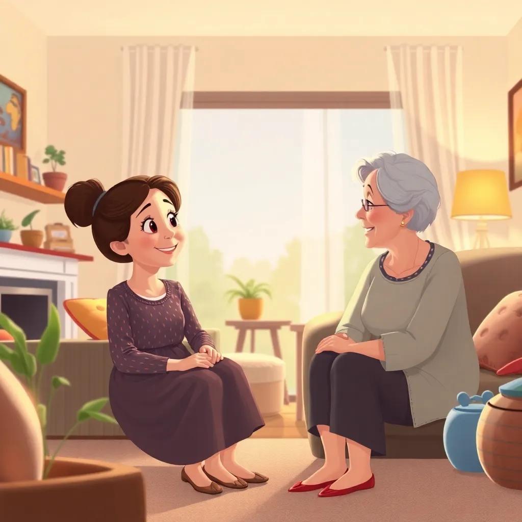 Clara talking to her mother at home, both smiling, the living room is cozy but lacks a separate space for Clara, softly lit, encouraging atmosphere, warm colors, illustration