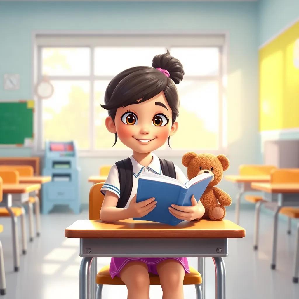 Clara, feeling confident, sitting at a school desk with Teddy in her backpack, focused on a book, sunlight streaming through the window, bright and cheerful classroom, child-friendly, joyful