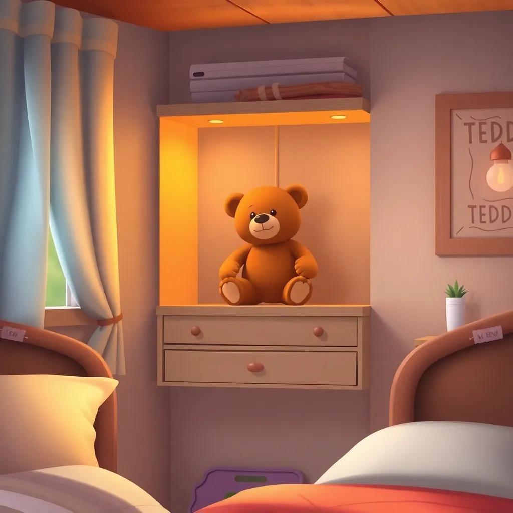 A cozy bedroom with a brown teddy bear named Teddy on a shelf, soft lighting, warm colors, child-friendly, inviting atmosphere, detailed illustration
