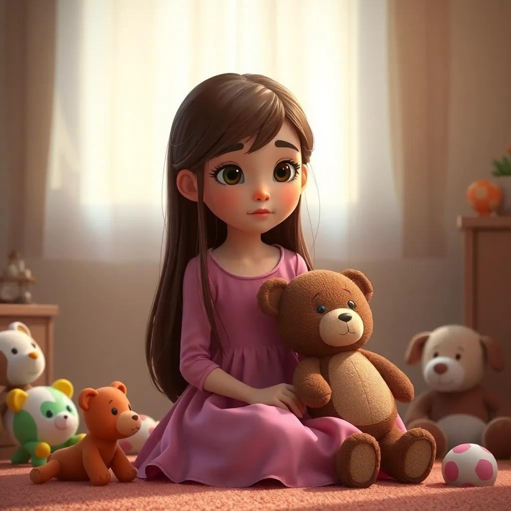 A shy girl named Lila, with long brown hair, wearing a pink dress, sitting alone in her room with Teddy, surrounded by toys, warm light, peaceful mood