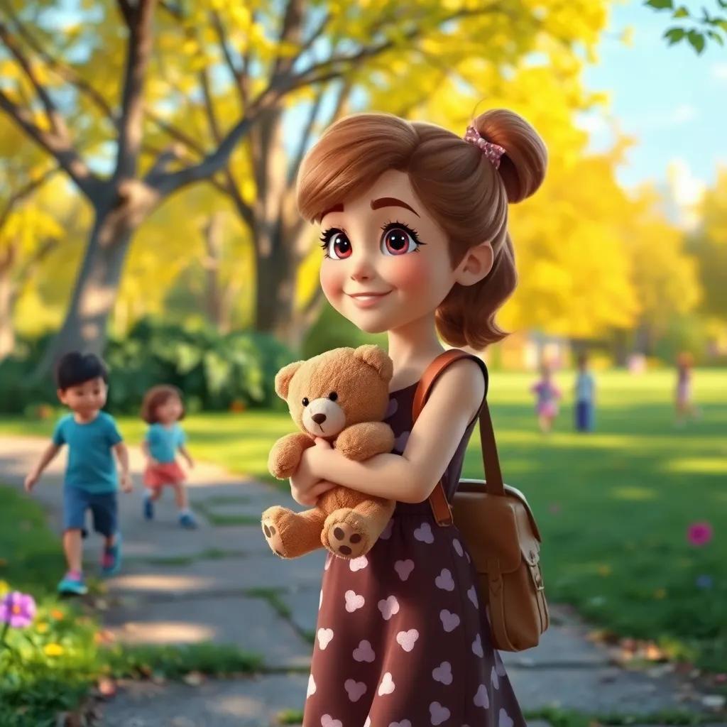 Lila holding Teddy, stepping out into a bright park, with a timid smile, children playing and laughing in the background, cheerful and vibrant atmosphere