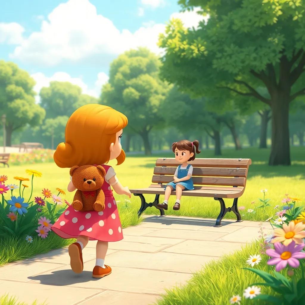 Lila with Teddy, walking towards a shy girl sitting alone on a bench in the park, sunny day, colorful flowers around, friendly environment, digital art