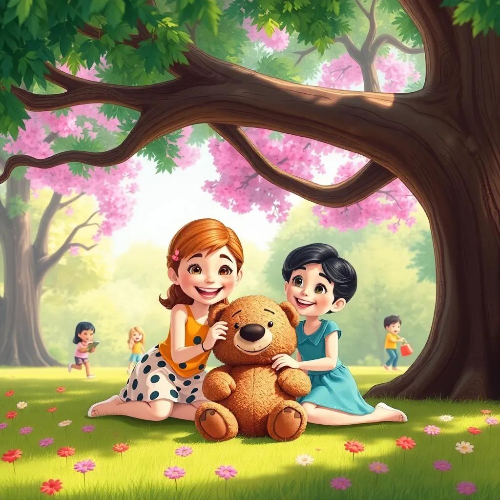 Lila and Mia smiling together, playing with Teddy under a big tree in the park, other children playing in the background, bright and cheerful scene, joyful atmosphere