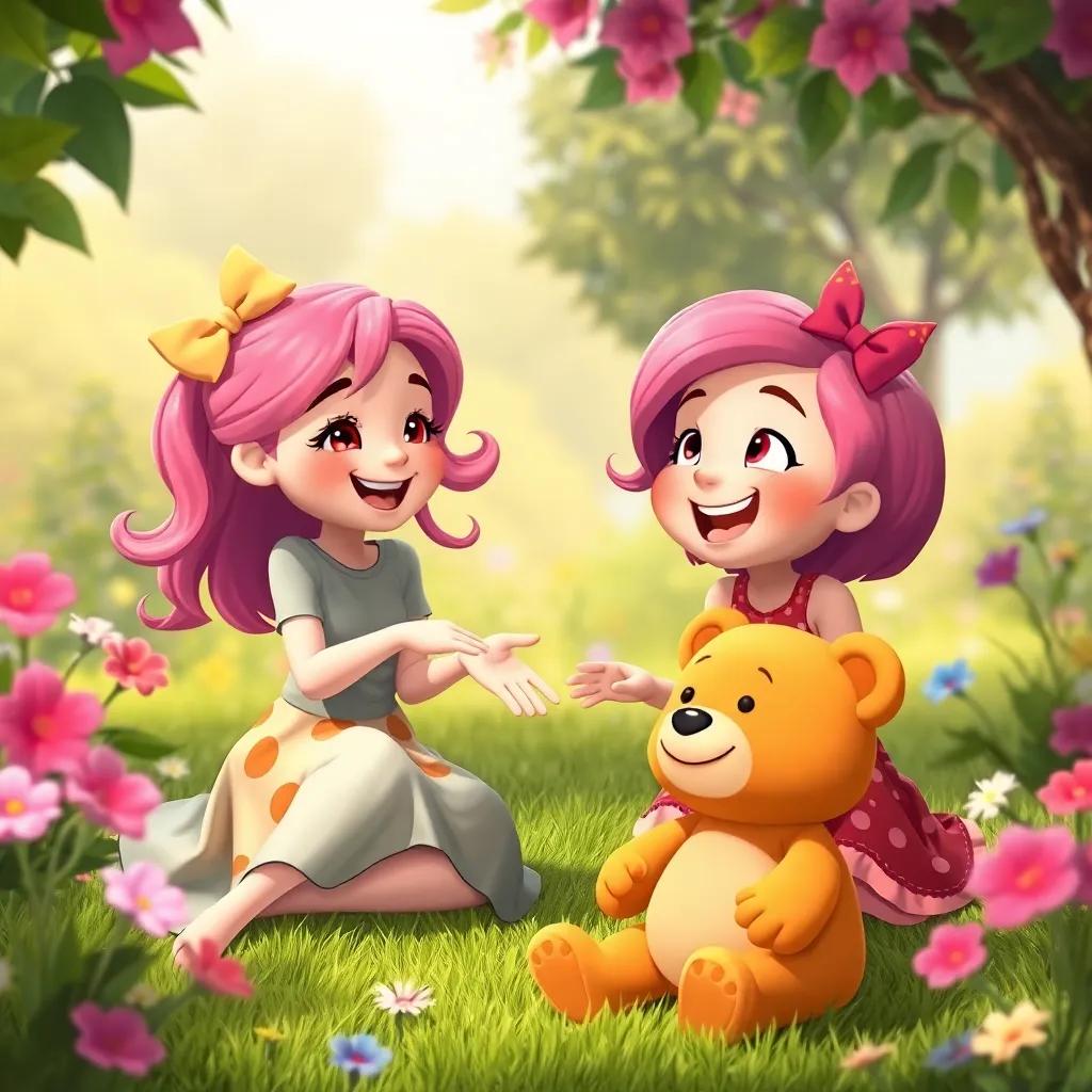 A joyful moment of Lila and Mia chatting and playing, surrounded by nature, with Teddy sitting on the grass, colorful and lively setting, happiness in the air