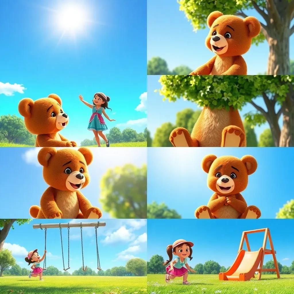 A montage of Teddy celebrating Lila's courage, showing different park activities like swinging and sliding, bright sunlight, clear blue sky, delightful imagery