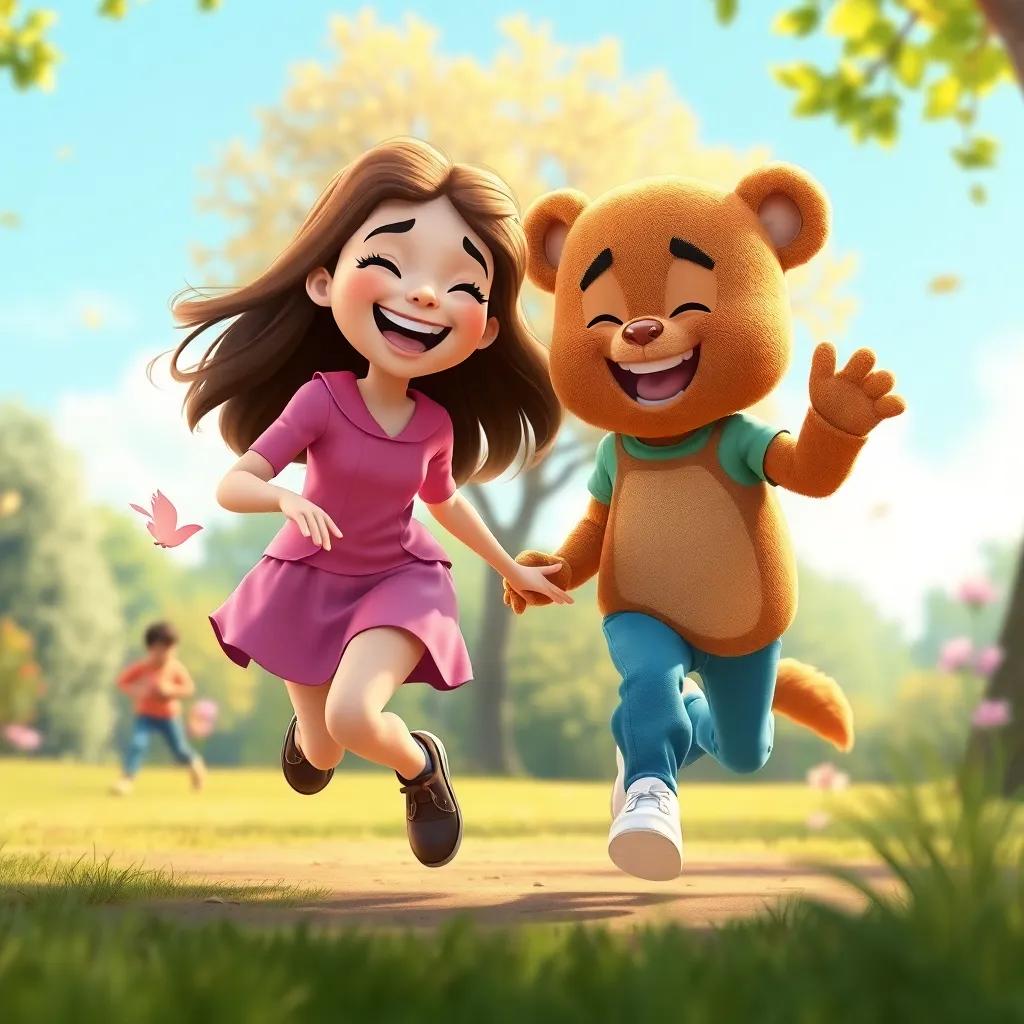 Lila and Teddy running together in the park, their laughter symbolizing a blossoming friendship, warmth and happiness surrounding them