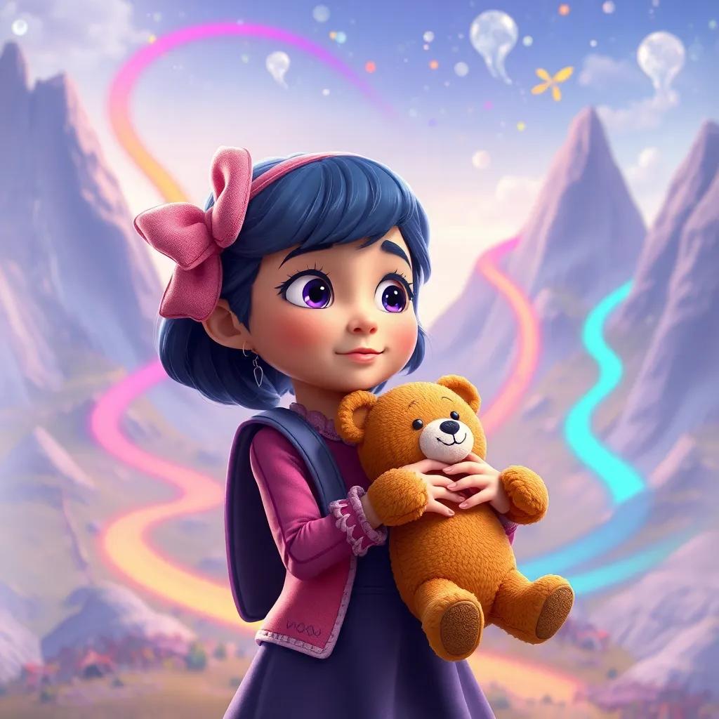 Lila thinking about her future adventures holding Teddy, with colorful trails and dreamlike scenery around her, imaginative and inviting