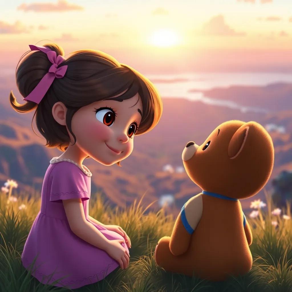 Lila and Teddy looking ahead at new friends playing together, bright horizon, possibilities ready to unfold, hopeful and magical atmosphere