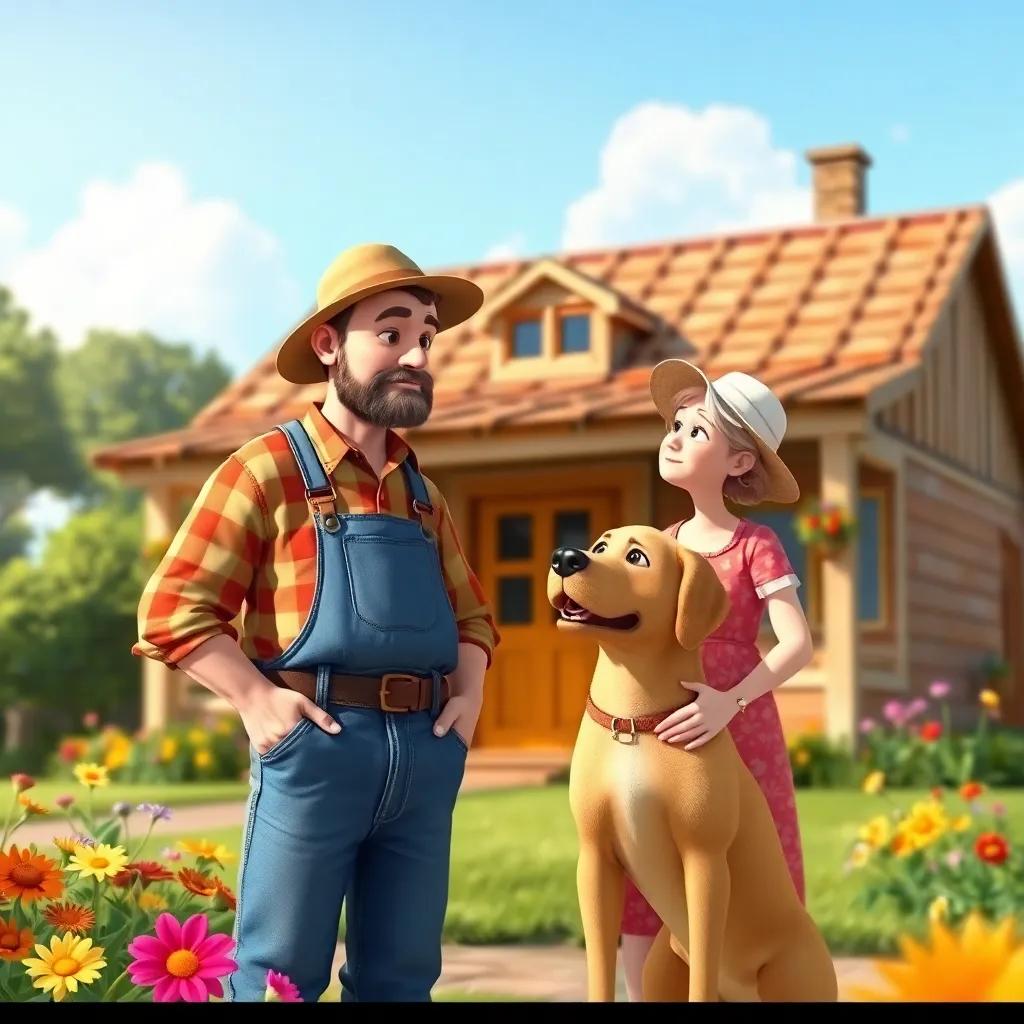 A farmer standing outside his house, discussing with his wife about their old dog, Sultan, with a worried expression; a sunny day, country house, colorful flowers, cheerful scene, digital art, warm colors, family-friendly