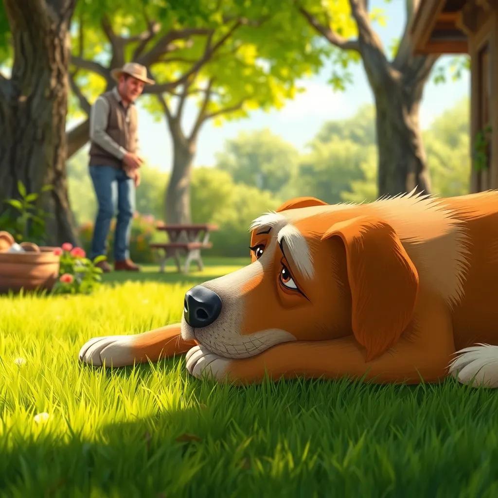 Old Sultan, a faithful dog, listening sadly to the farmer's conversation, lying on the grass with a forlorn look; a sunny garden with trees, detailed illustration, realistic, emotional atmosphere