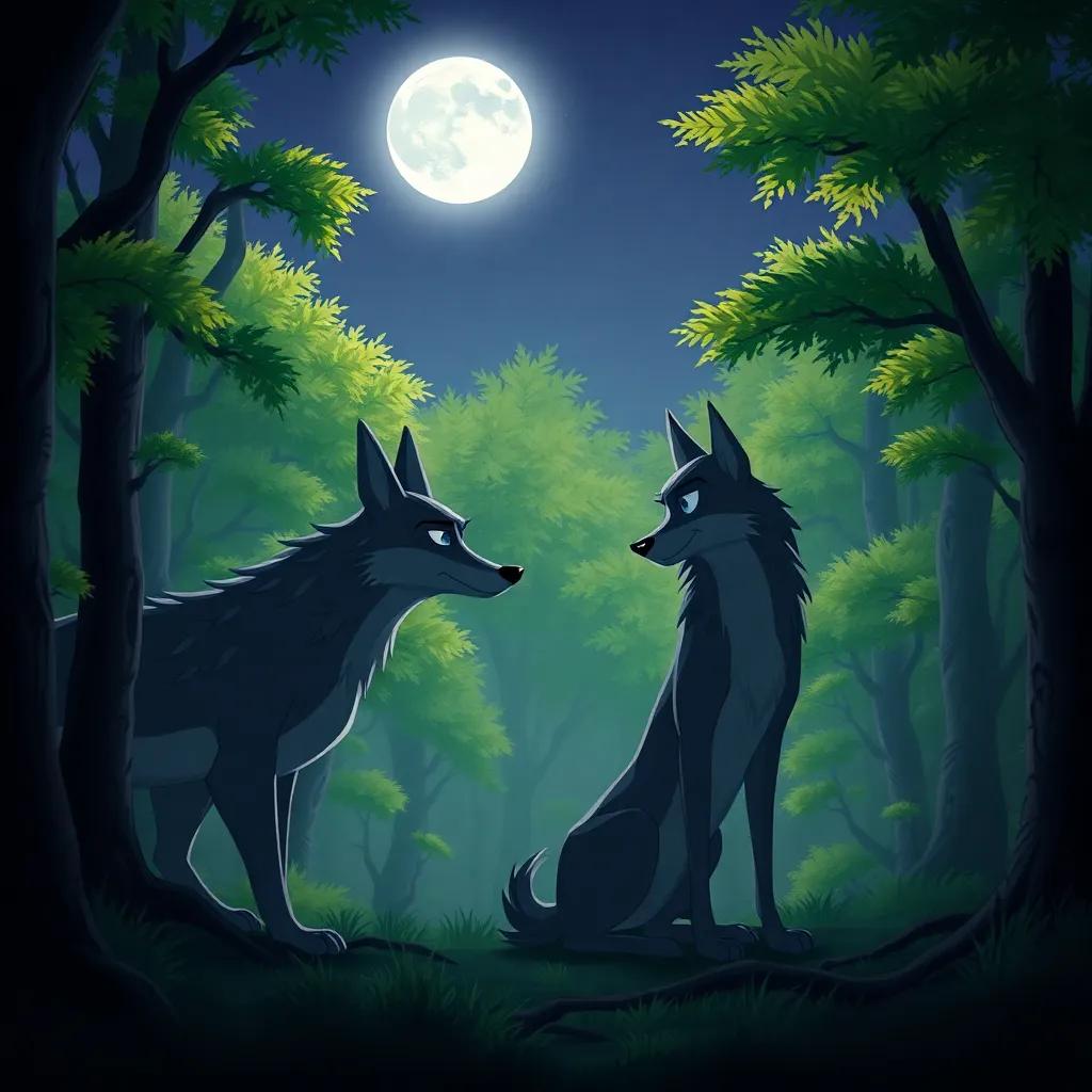 A sly wolf in a dark forest, whispering a clever plan to Sultan, under moonlight, a sense of camaraderie, vibrant green trees and dark shadows, illustrating a friendship, digital art, mysterious yet friendly