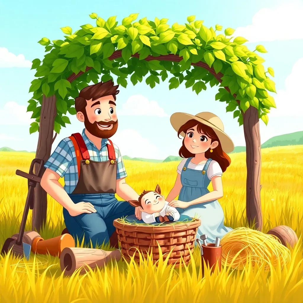 The farmer and his wife in a sunny field, laying their baby under a hedge in the shade, with tools and hay around; bright, vibrant colors showing a tranquil summer day, cheerful, child-friendly illustration