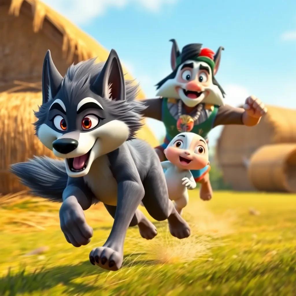 The wolf running away with the baby, Sultan chasing him, both looking determined; excitement in the action scene, colorful summer backdrop with hay bales, joyful and intense, digital art