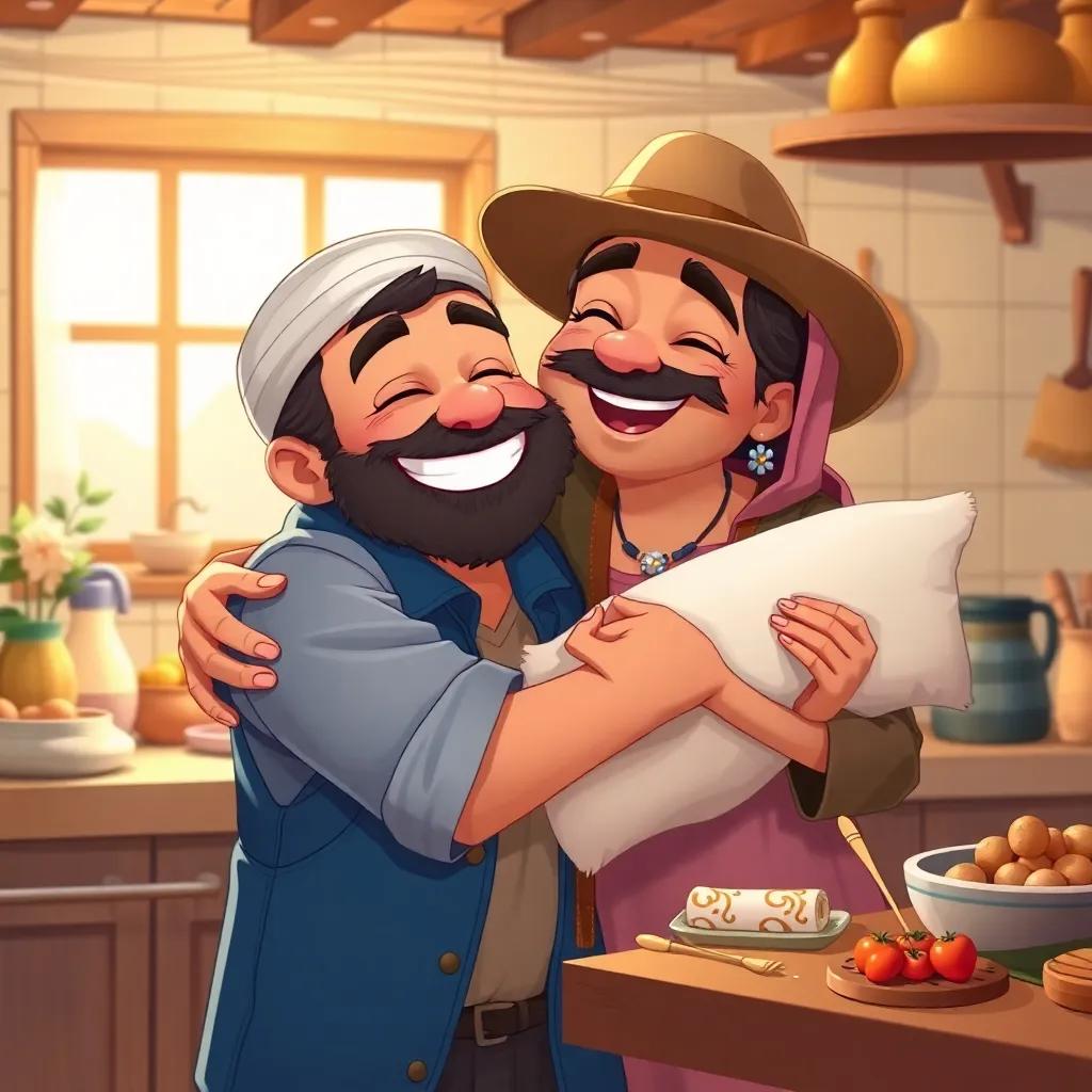 The farmer hugging Sultan joyfully, with his wife bringing a pillow and food. Warm and cozy kitchen scene with happy emotions, detailed illustration, heartwarming atmosphere