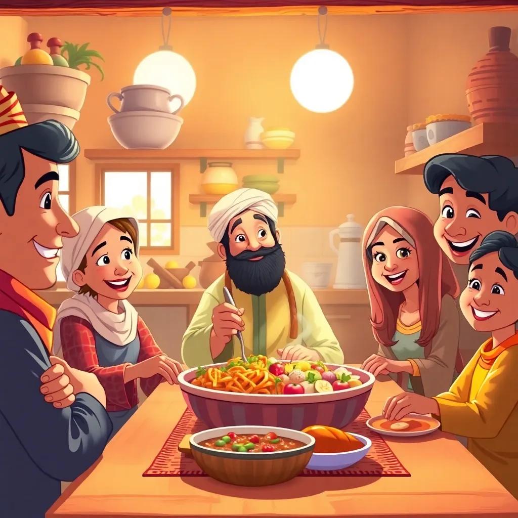 Sultan enjoying a warm meal in a cozy spot, surrounded by the farmer’s family, with everyone smiling; a homey kitchen filled with light, colorful and inviting setting, cheerful digital art