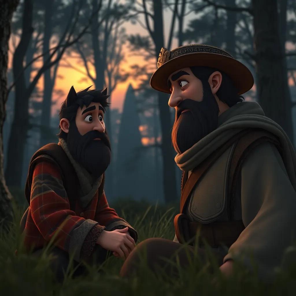 Sultan telling the farmer about his fears while the wolf watches from the forest edge; emotional tension in the scene, a forest at dusk, detailed and dramatic art