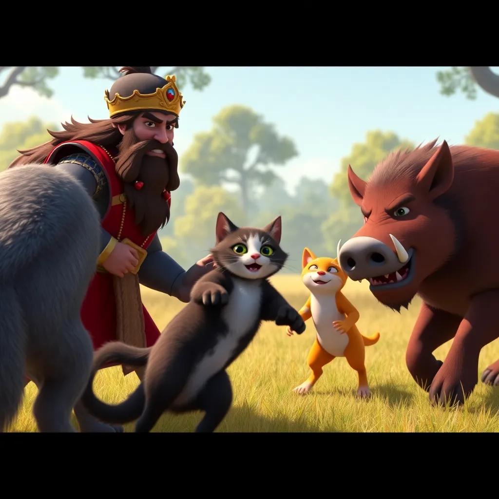 An epic showdown with Sultan and the three-legged cat arriving boldly while the wolf and boar shake in fear; a clear meadow with trees in the background, showcasing humor and bravery, vibrant colors