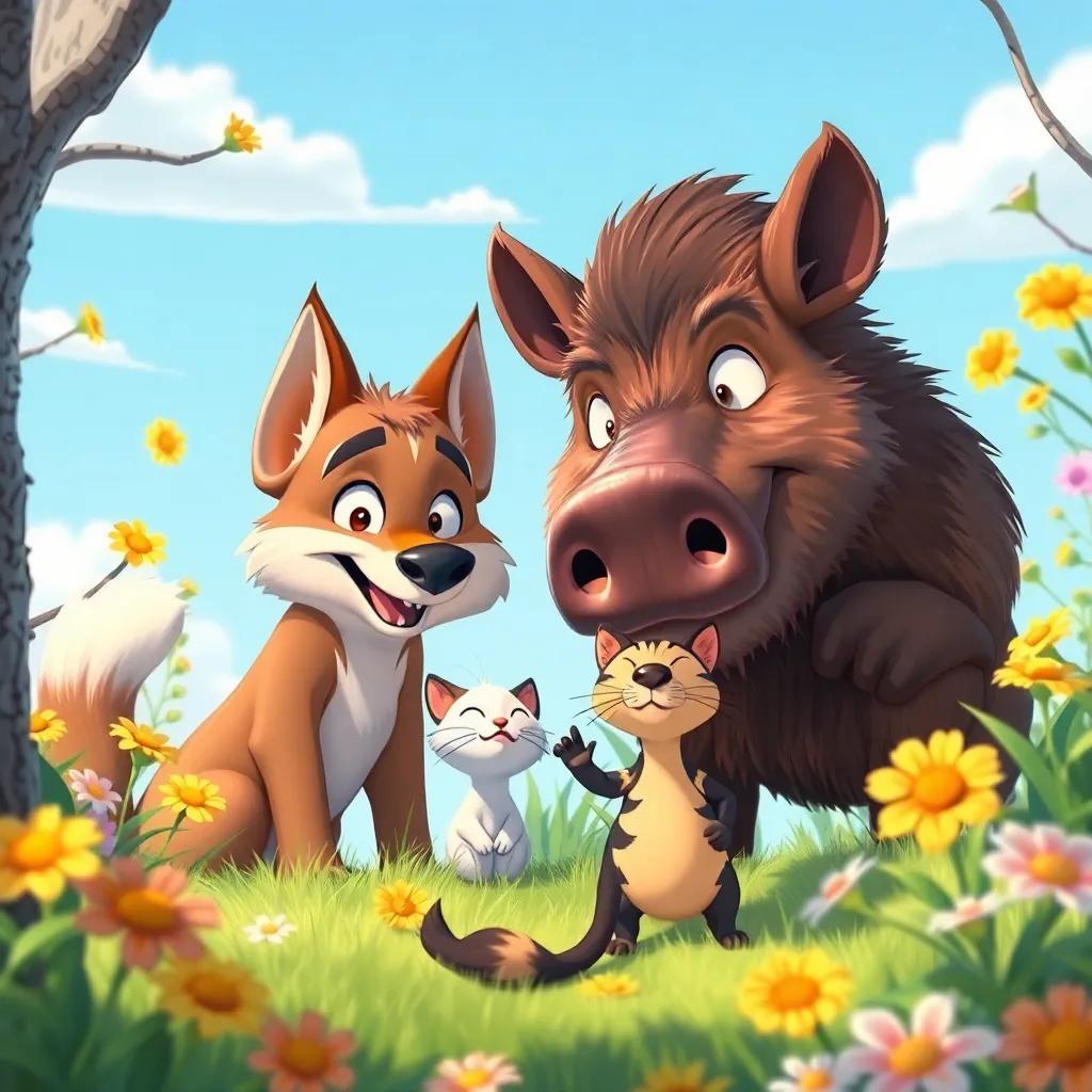 A comical scene of the wolf and boar hiding and peeking out, feeling frightened by the brave cat; a sunny day with flowers around, colorful and funny, digital art style