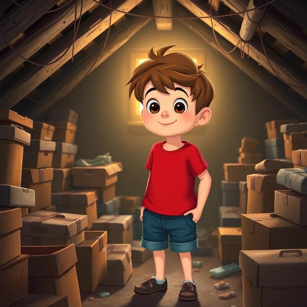 A curious boy named Oliver, an 9-year-old Caucasian boy with short, messy brown hair wearing a red t-shirt and denim shorts, exploring a dusty attic filled with old boxes and cobwebs, warm and inviting light streaming through a small window, illustration, cheerful, storybook style, high quality