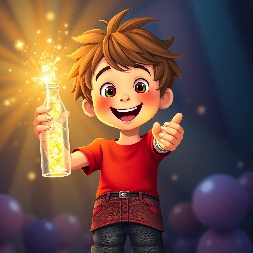 Oliver, the 9-year-old boy with messy brown hair in a red t-shirt and denim shorts, holding a magical, sparkling bottle, with excitement on his face, surrounded by beams of light, playful atmosphere, whimsical art, bright colors, high quality