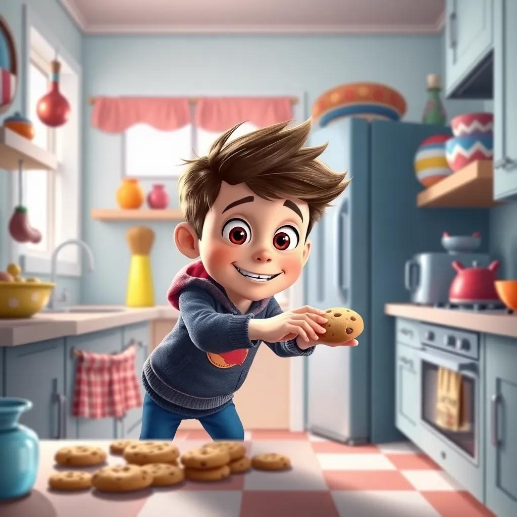 Oliver, the mischievous boy, using his invisibility to sneak into a kitchen, reaching for cookies while his friends are unaware, lively kitchen scene with bright colors, playful, fun, child-friendly art, high quality