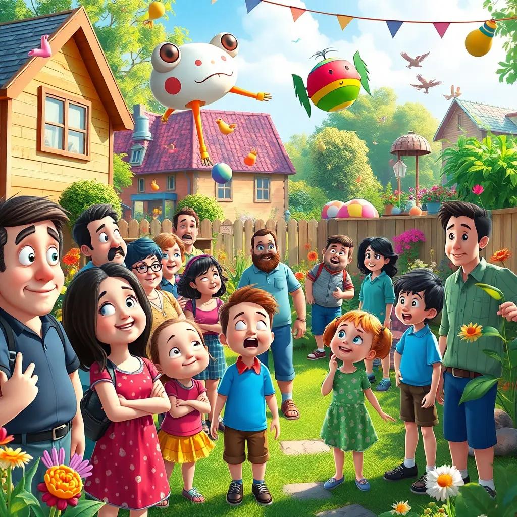 A surprised gathering of townspeople looking confused as things are mysteriously moving around them, colorful backyard bursting with life, children laughing and wondering what’s going on, whimsical art, vibrant colors, high quality