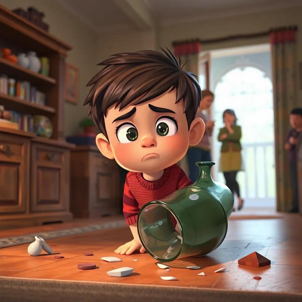 Oliver, visible again, looking guilty after knocking over a vase, fragments scattered on the floor, worried parents entering the room, detailed art depicting light emotions, warm tones, high quality