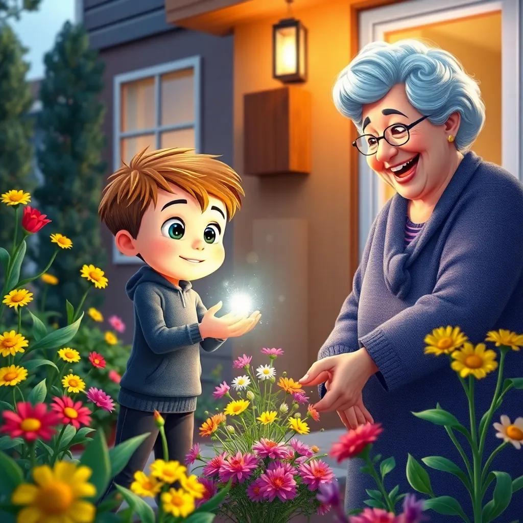 A determined Oliver, an invisible boy with sparkling light, helping a neighbor with gardening, colorful flowers and happy elderly lady smiling, heartwarming scene, cozy atmosphere, bright colors, high quality