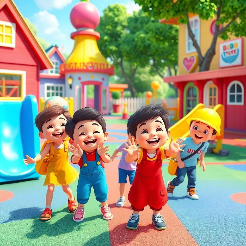 A joyful scene of children in Brightville playing and pretending to be invisible helpers, colorful playground with laughing kids, imagination and fun moments, uplifting atmosphere, charming art, high quality