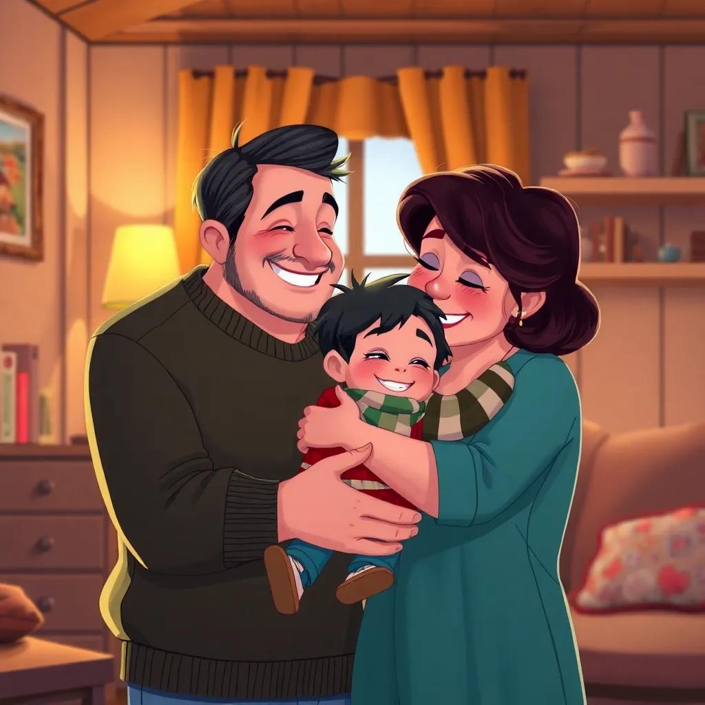 Oliver’s proud parents discovering the truth behind his good deeds, hugging him tightly in a warm, loving home, detailed cozy interior with soft lighting, heartwarming scene, colorful, happy, high quality
