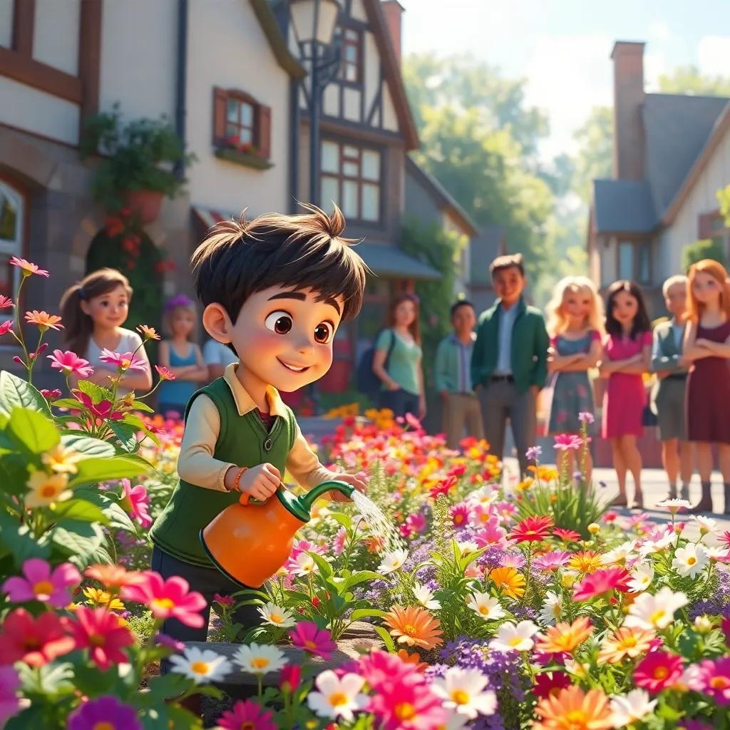 An inspiring scene of Oliver using his invisibility for good, watering plants while townspeople look amazed, cheerful colorful garden, enchanting art style with flowers, sunlight, vibrant colors, high quality