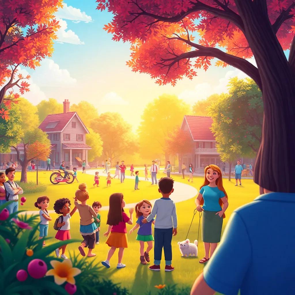 A vibrant image of Brightville bringing the community together, everyone helping each other, a beautiful park filled with people smiling, nature resonating with kindness, warm colors, inviting scene, high quality