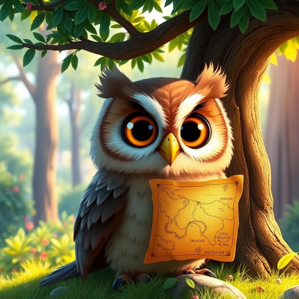 A wise old owl, Oliver, with big round eyes and soft brown feathers, standing below a bush with a shiny old treasure map, colorful forest background, bright sunlight, cheerful atmosphere, high quality