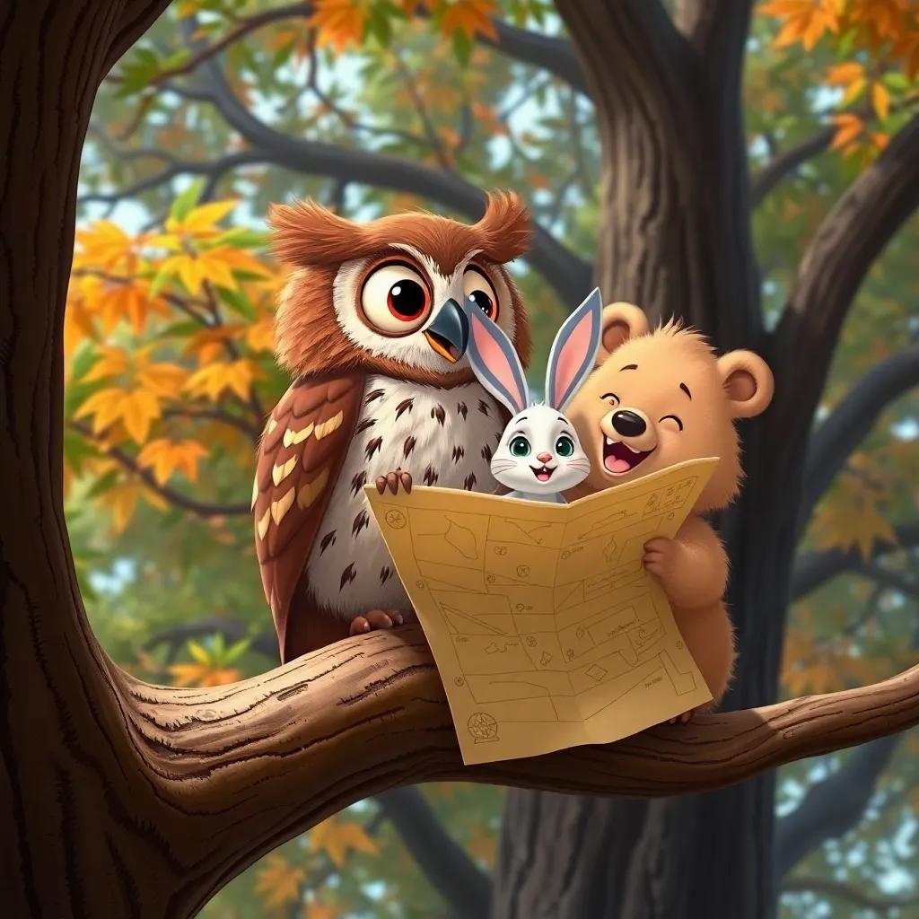 Oliver the Owl, with big round eyes and soft brown feathers, sitting on a tall tree branch with Bella the Bunny, cute fluffy with long ears, and Benny the Bear, fluffy with light brown fur, excitedly looking at the treasure map, vibrant tree leaves in the background, happy and adventurous mood, detailed illustration