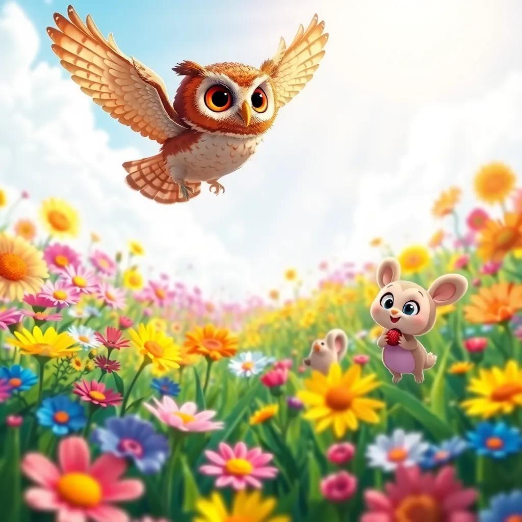Oliver the Owl flying over a beautiful, colorful flower field, with Bella hopping joyfully, and Benny munching on berries, sunshine streaming down on them, bright colors, whimsical feel, high quality
