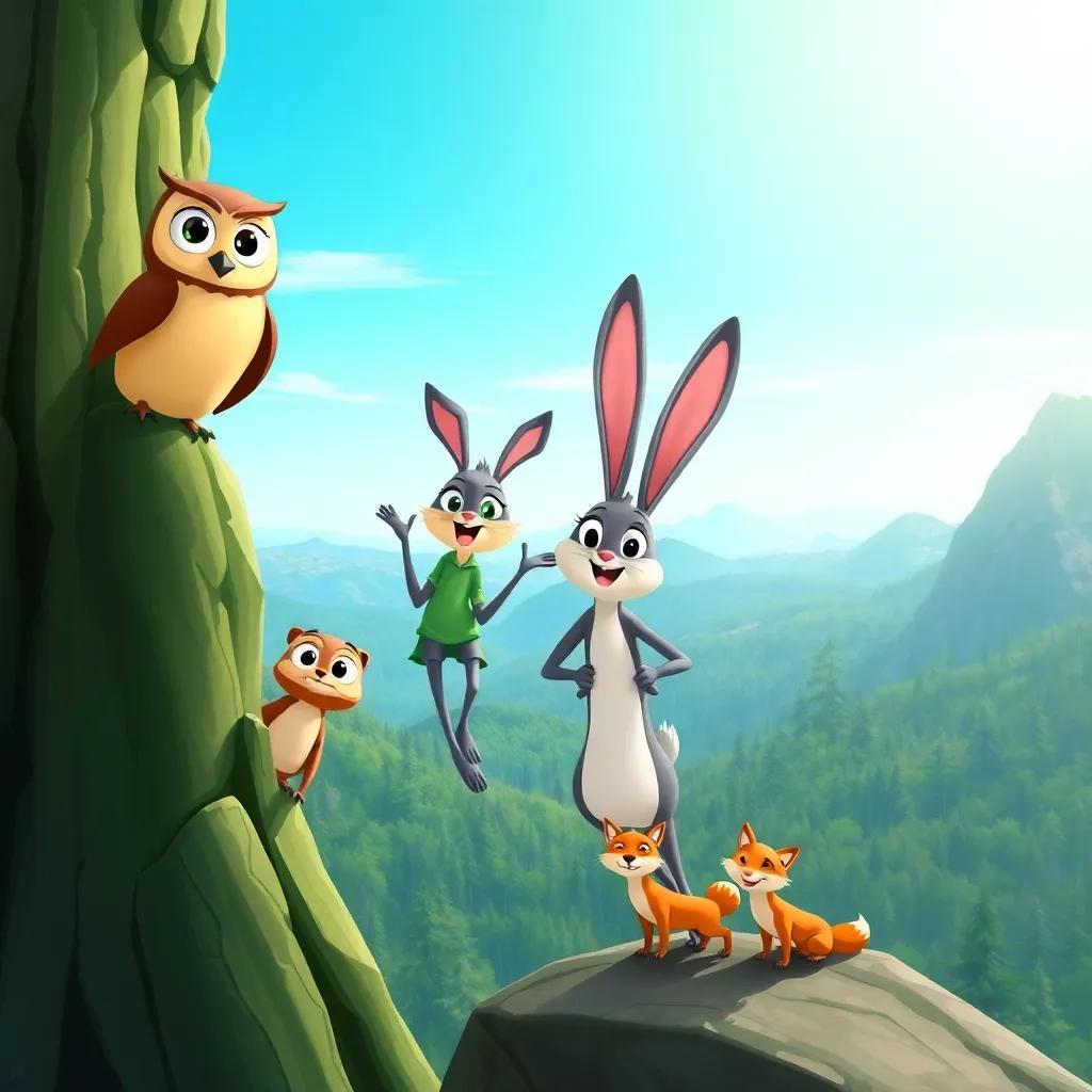 Oliver the Owl, Bella the Bunny, Benny the Bear, and a friendly small fox climbing a tall green mountain, overlooking a stunning view of the forest below, the sky is blue and bright, joyful expressions, adventurous spirit, detailed illustration
