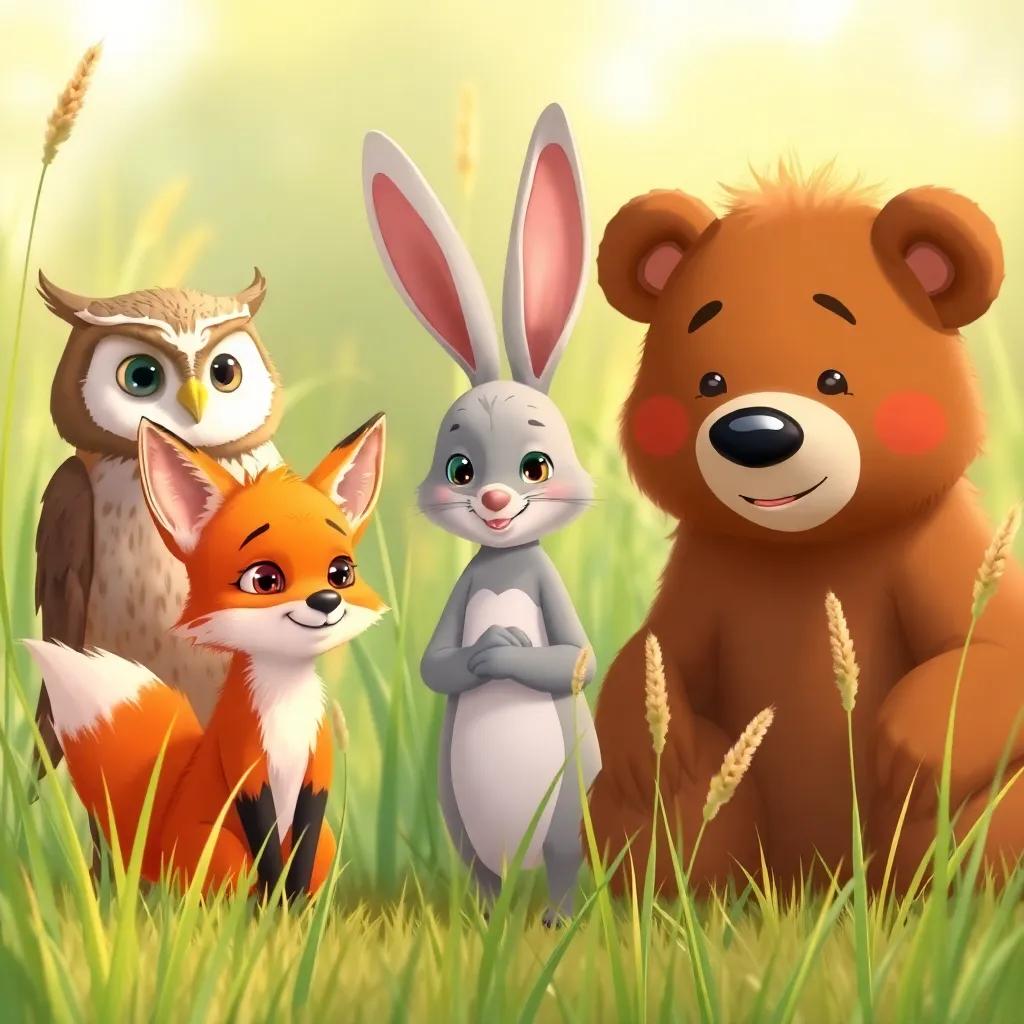 A little fox with bright orange fur looking shy and lost next to Oliver the Owl, Bella the Bunny, and Benny the Bear, surrounded by tall grass, gentle scene, warm colors, heartwarming atmosphere, detailed illustration