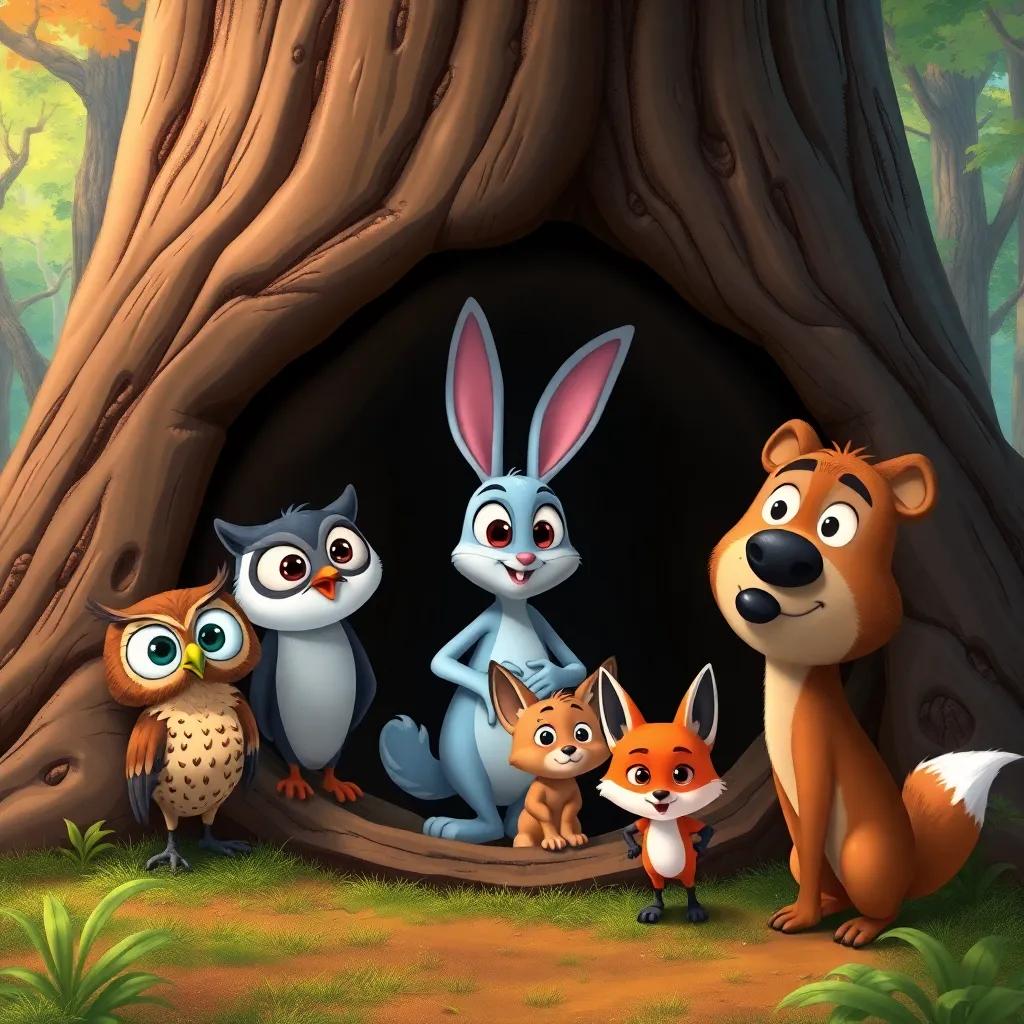 Oliver the Owl, Bella the Bunny, Benny the Bear, and the little fox with wide eyes, discovering a hollow trunk of a big old tree, surprised expressions, colorful forest background, intriguing scene, detailed illustration