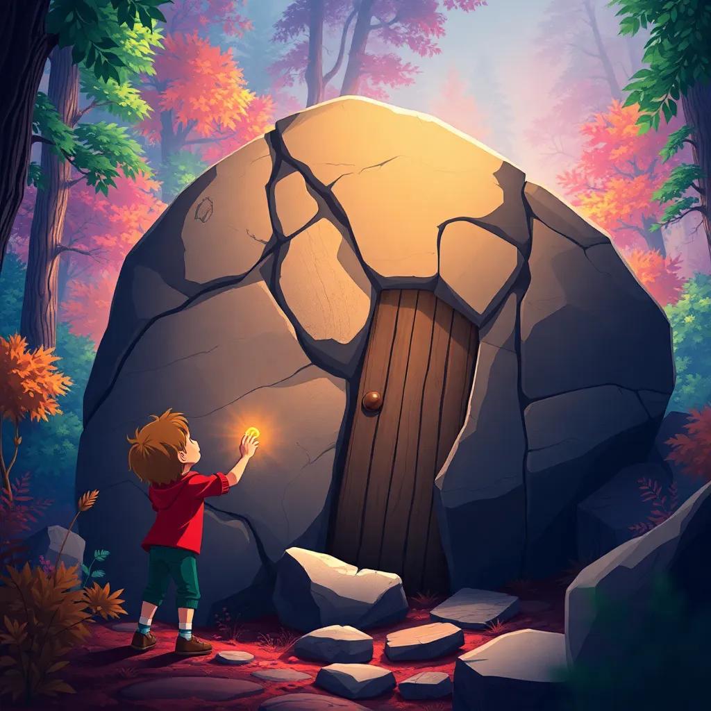 The big rock with a secret door, Oliver using a shiny tiny key to open it, suspenseful atmosphere, colorful forest backdrop, excitement in the air, detailed illustration