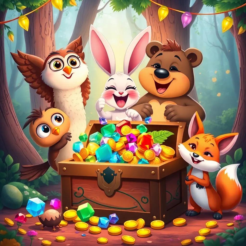 Oliver the Owl, Bella the Bunny, Benny the Bear, and the little fox rejoicing around a treasure chest filled with colorful gems and gold coins, happy colors, cheerful expressions, colorful forest scenery, celebration vibe, detailed illustration