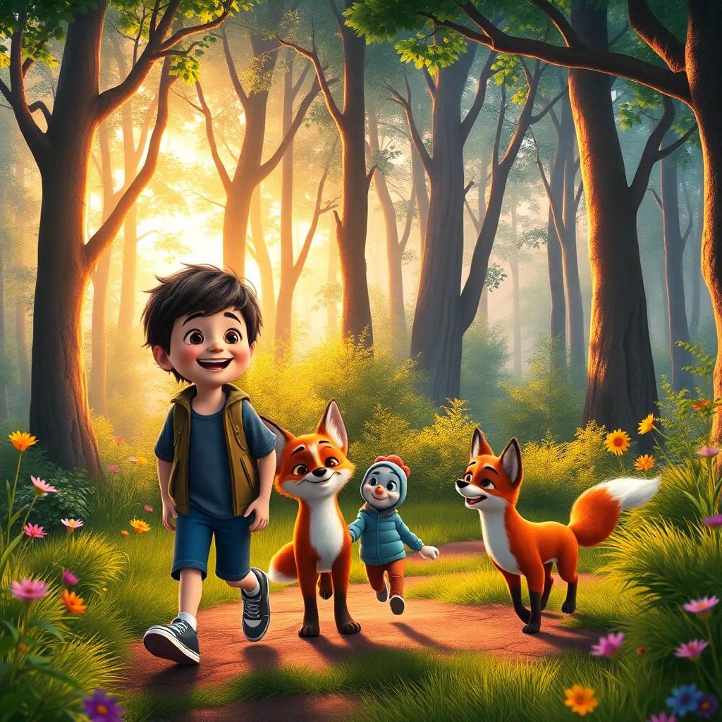 A bright and colorful forest scene, Oliver, Bella, Benny, and the little fox walking home together, sharing laughter and joy, sunset casting warm colors, sense of friendship and adventure, high quality
