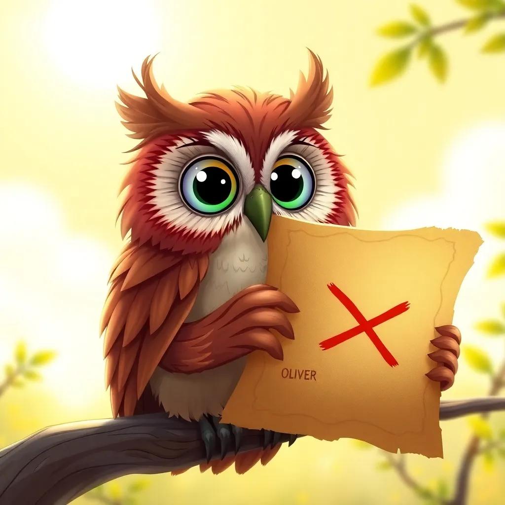 An wise old owl named Oliver, with big eyes and brown feathers, sitting on a branch, holding an ancient treasure map with a big red X, bright sunshine, detailed illustration, cheerful colors, inviting atmosphere, high quality