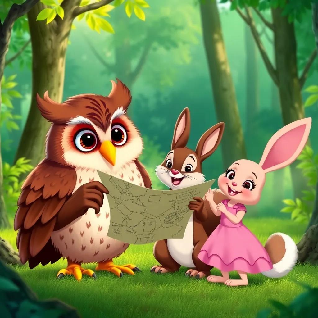 Oliver, a wise old owl, showing a treasure map to his friends Sam the squirrel, with a bushy tail and a fluffy coat, and Bella the bunny, with long ears and a pink dress, all smiling excitedly in a green forest, colorful and cheerful, whimsical scene, high quality