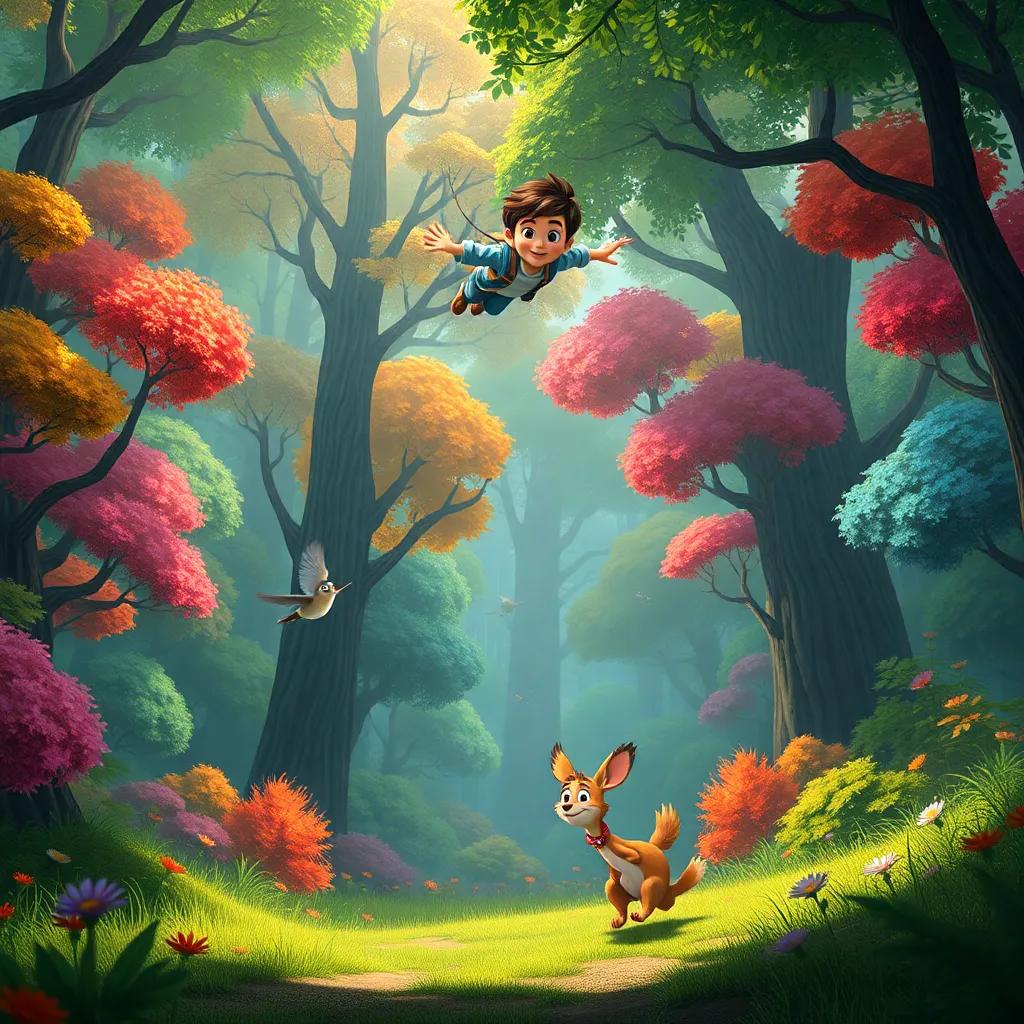 A deep, green forest with colorful trees and singing birds, Oliver flying in the sky, Sam running on the ground, and Bella hopping happily beside him, bright and vibrant colors, adventure-themed view, whimsical and inviting