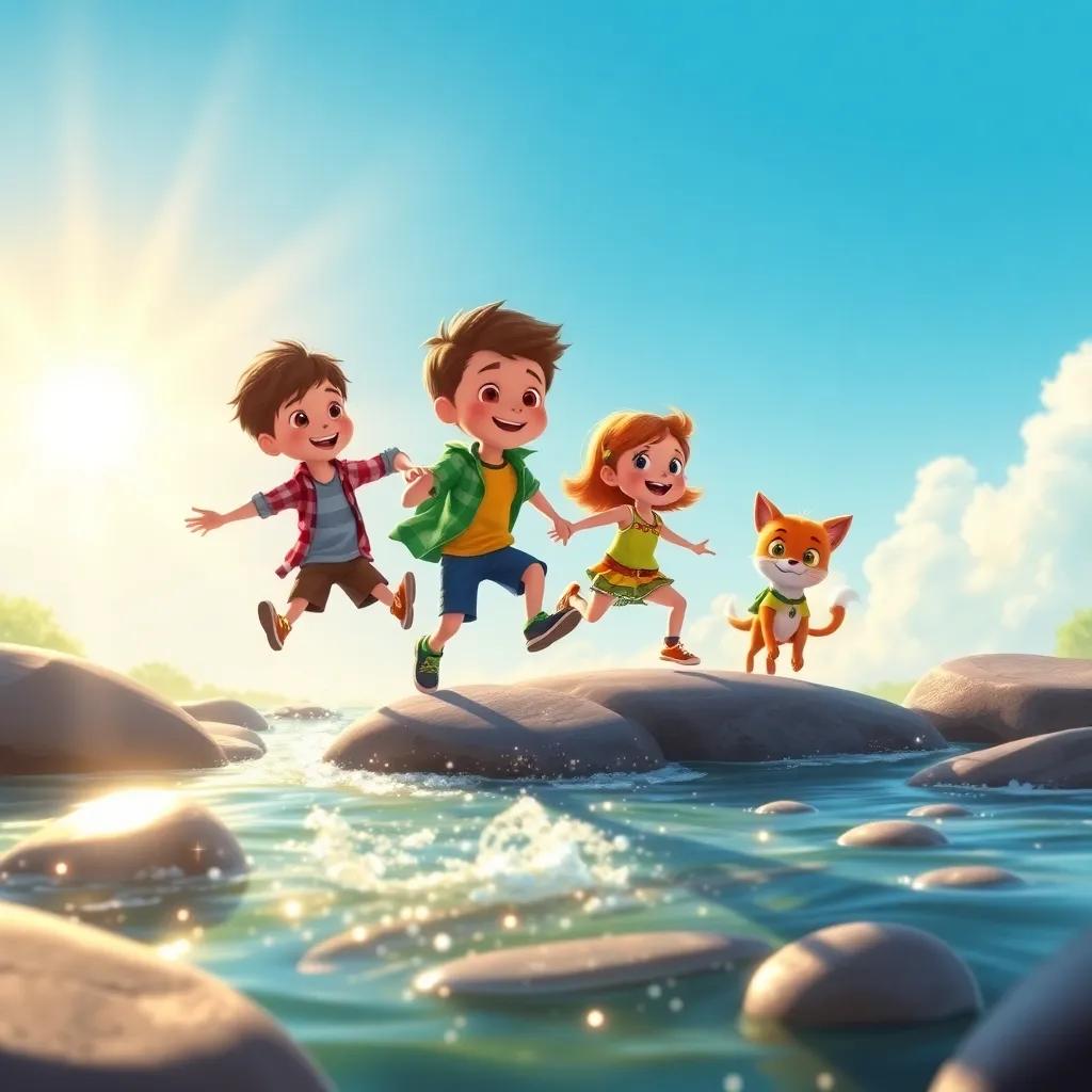 A sparkling river with sun rays shimmering on the water, Oliver guiding his friends Sam and Bella as they hop across big stones, cheerful atmosphere, vibrant colors, adventure-filled illustration, high quality