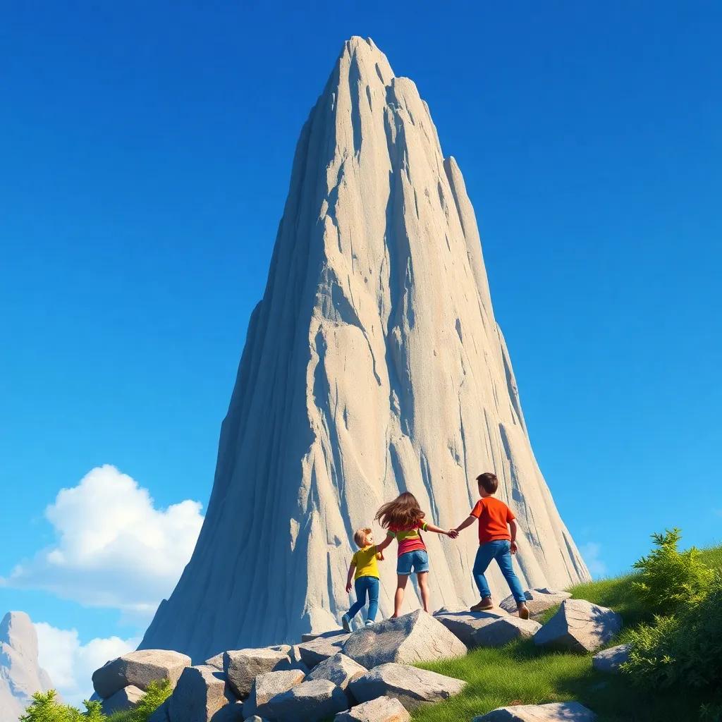A tall, rocky mountain looming with a clear blue sky, the friends climbing together hand in hand, feeling a little scared but determined, colorful and bright, inspirational scene, whimsical and engaging, high quality