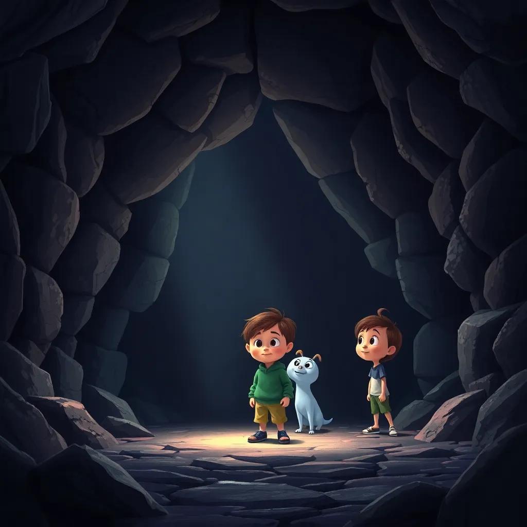 Inside a dark mysterious cave with stone walls, Oliver lighting the way with his shining eyes and his friends looking around curiously, suspenseful but welcoming atmosphere, detailed illustration, high quality
